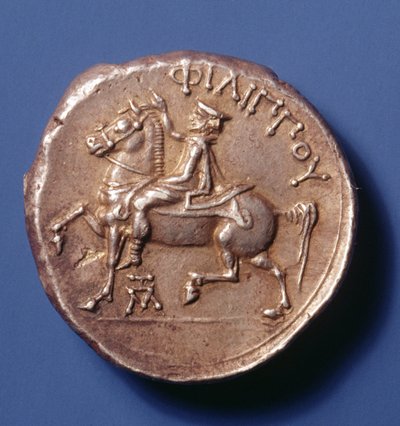 Silver coin of Philip II of Macedon depicting horseman riding left by Macedonian School